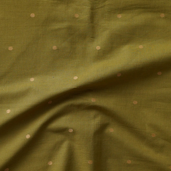 ( PRE-CUT 1.55 METER ) Pure Cotton Handloom Mehandi Green With Golden Zari Butti Woven Fabric