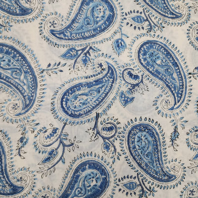 PRE-CUT 1.5 METER Pure Cotton Jaipuri White Blue Big Kairi Jaal Hand Block Print Fabric