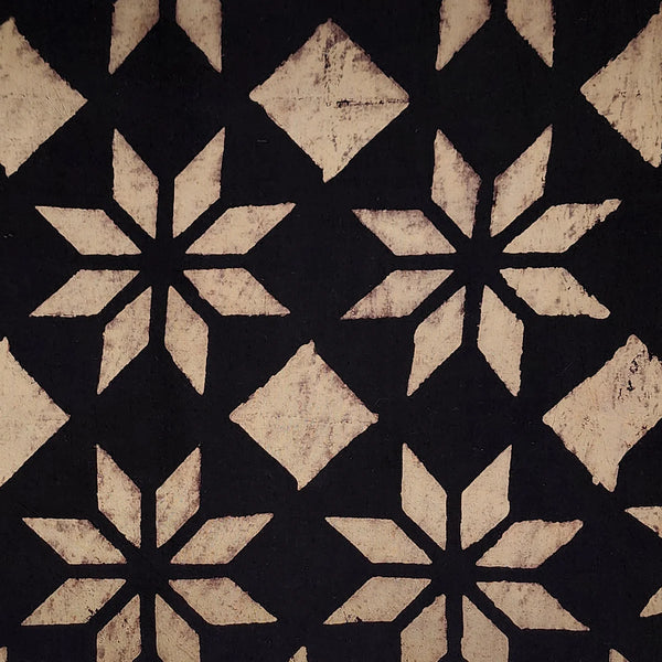 ( PRE-CUT 1.5 METER ) Pure Cotton Ajrak Black With Cream Stars Hand Block Print Fabric