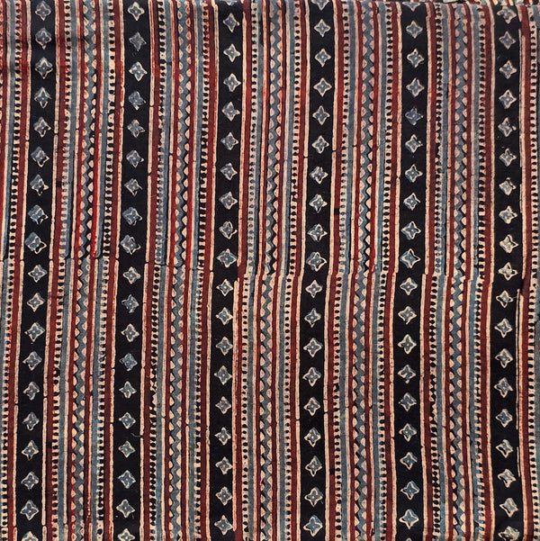 ( PRE-CUT 1.5 METER ) Pure Cotton Ajrak Black With Intricate Design Border Stripes  Hand Block Print Fabric
