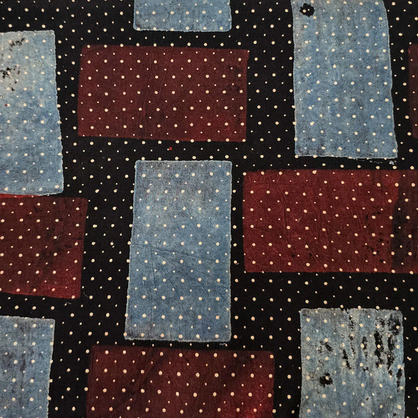 ( PRE-CUT 1.5 METER ) Pure Cotton Ajrak Black With Rust Brown And Rust Blue Bricks Hand Block Print Fabric