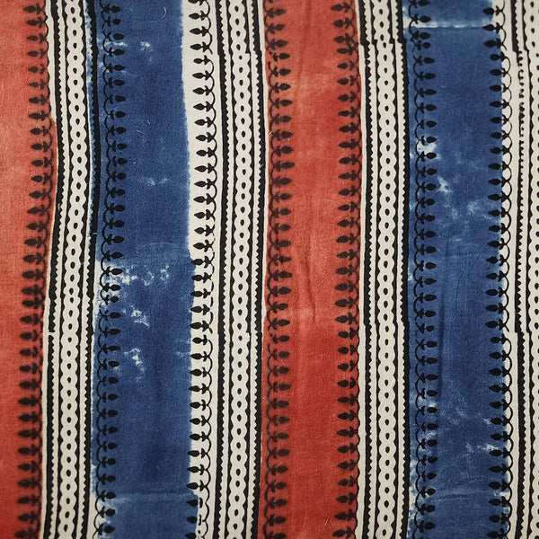 ( PRE-CUT 1.5 METER ) Pure Cotton Ajrak Cream With Rust Red And Blue Border Hand Block Print Fabric