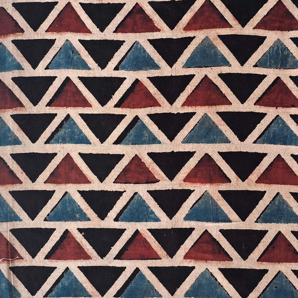 ( PRE-CUT 1.5 METER ) Pure Cotton Ajrak Geometrical Design Black With Red And Blue Triangle Hand Block Print Fabric