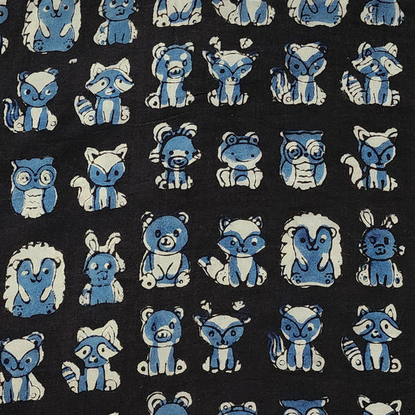 ( PRE-CUT 1.5 METER ) Pure Cotton Bagru Black With Blue  Creatures Hand Block Print Fabric