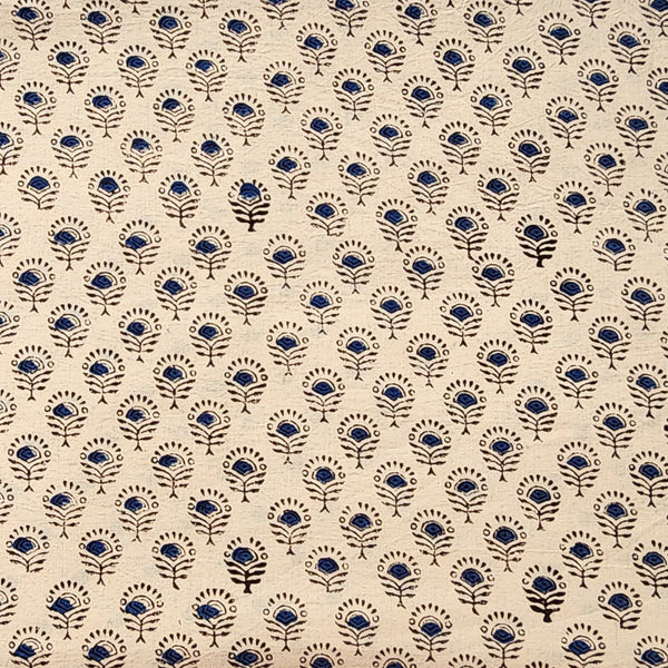( PRE-CUT 1.5 METER ) Pure Cotton Bagru Cream With Blue Tiny Flower  Motif Hand Block Print Fabric