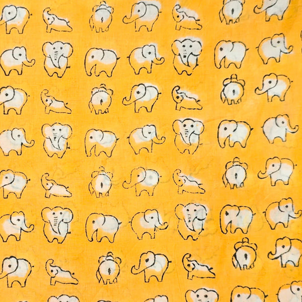 ( PRE-CUT 1.5 METER ) Pure Cotton Jaipuri Yellow With White Elephant Motif Hand Block Print Fabric