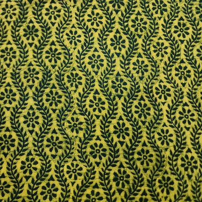 ( PRE-CUT 1.5 METER ) Pure Cotton Special Akola Dabu Dark Green With Lime Yellow Flower Creeper Hand Block Print Fabric