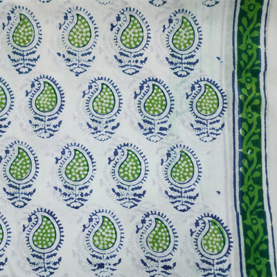 PRE -CUT 1.5 Meter Pure Cotton Jaipuri White With Green Kairi Hand Block Print Fabric