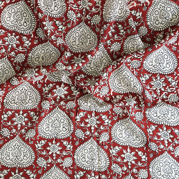 PRE-CUT 1.60 METER Modal Cotton Kalamkari Maroon With Cream Black Paan Jaal Hand Block Print Fabric