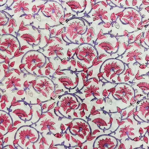 PRE-CUT 1.60 METER Pure Cotton Jaipuri White And Pink Lavender Flowers Jaal Hand Block Print Fabric