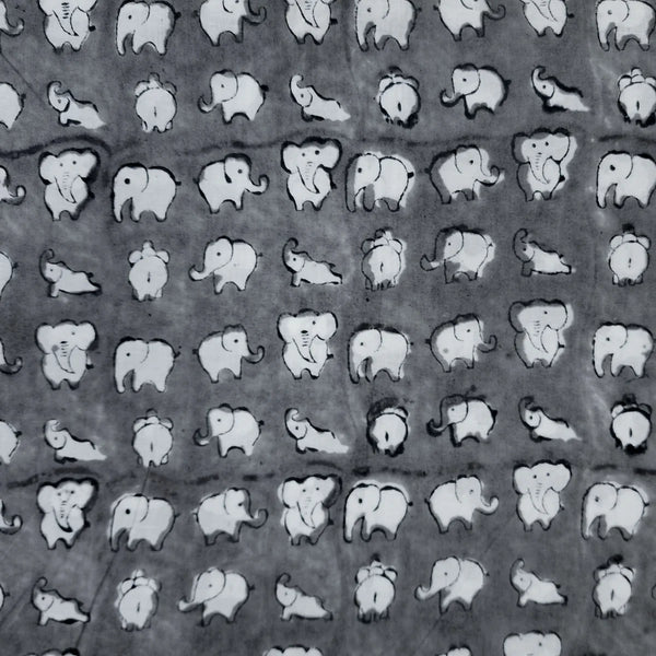 ( PRE-CUT 1.60 METER ) Pure Cotton Jaipuri Grey With White Elephant Hand Block Print Fabric