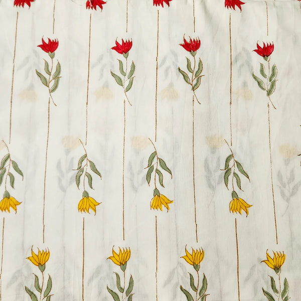 ( PRE-CUT 1.60 )  Pure Cotton Jaipuri White With Red Yellow Up And Down Flowers With Lines Hand Block Print Fabric