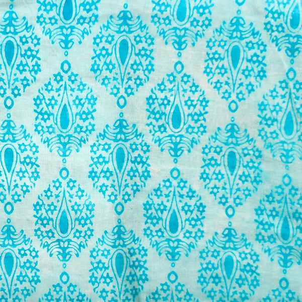 ( PRE-CUT 1.65 METER ) Pure Cotton Dabu Off White With Blue Intricate Design Motif Hand Block Print Fabric