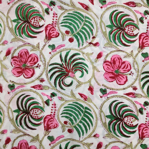 PRE-CUT 1.75 METER Pure Cotton Jaipuri White With Pink And Green Jungle Wild Jaal Hand Block Print Fabric