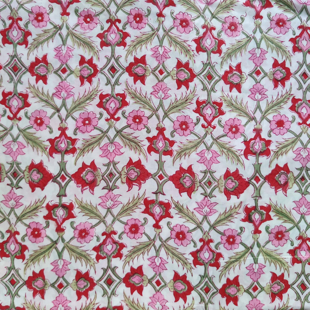 PRE-CUT 1.75 METER Pure Cotton Jaipuri White With Red Pink All Over Pa ...