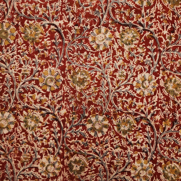 PRE-CUT 1.75 METER Pure Cotton Kalamkari Rust With Heavy Floral Mustard Green Blue Jaal Hand Block Print Fabric