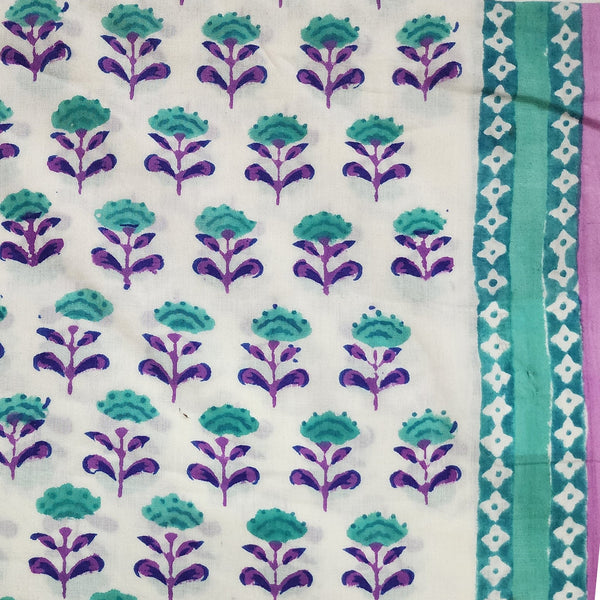 PRE-CUT 1.75 METERS Pure Cotton Jaipuri White With Simple Teal Green And Purple Flowers Hand Block Print Fabric