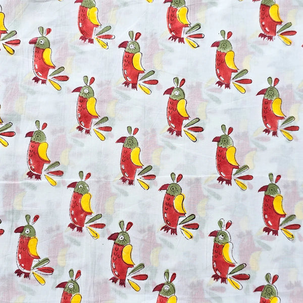 ( PRE-CUT 1.80 CM ) Pure Cotton Jaipuri White With Orange Bird Motif Hand Block Print Fabric