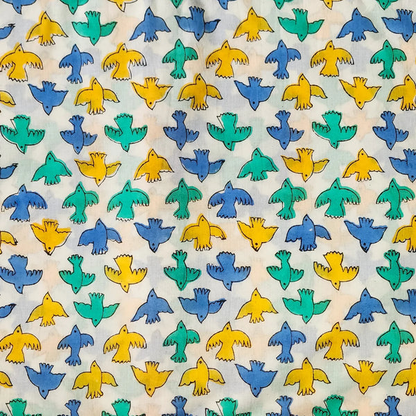 ( PRE-CUT 1.80 CM ) Pure Cotton Jaipuri White With Yellow,Green,Blue Birds Motif Hand Block Print Fabric