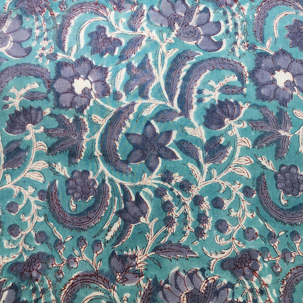 PRE-CUT 1.80 METER Pure Cotton Jaipuri Blue With A Shade Of Bluish Grey Floral Jaal Hand Block Print Fabric