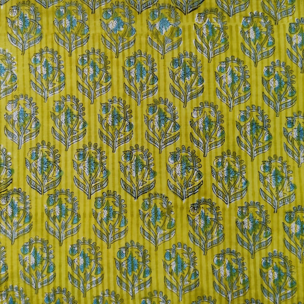 PRE-CUT 1.80 METER Pure Cotton Jaipuri Light Green Stripes And Plant Motifs Hand Block Print Fabric