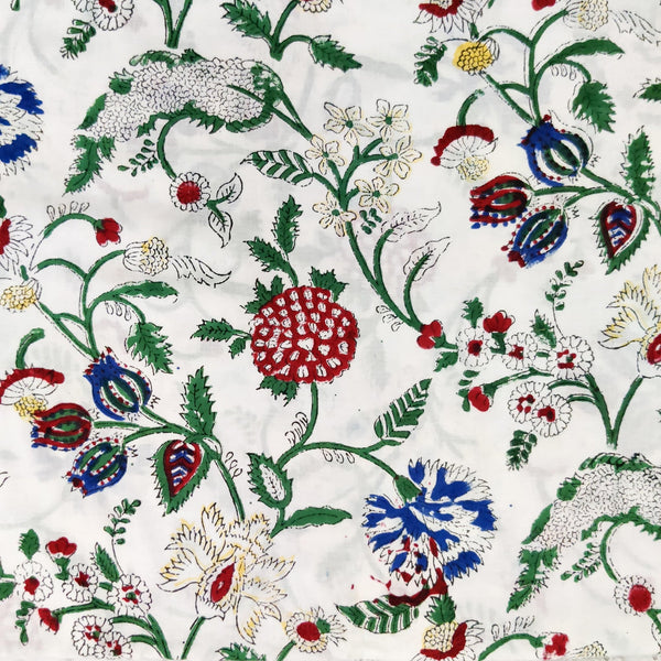 PRE-CUT 1.80 METER Pure Cotton Jaipuri White With Red And Blue Fruit Jaal Hand Block Print Fabric