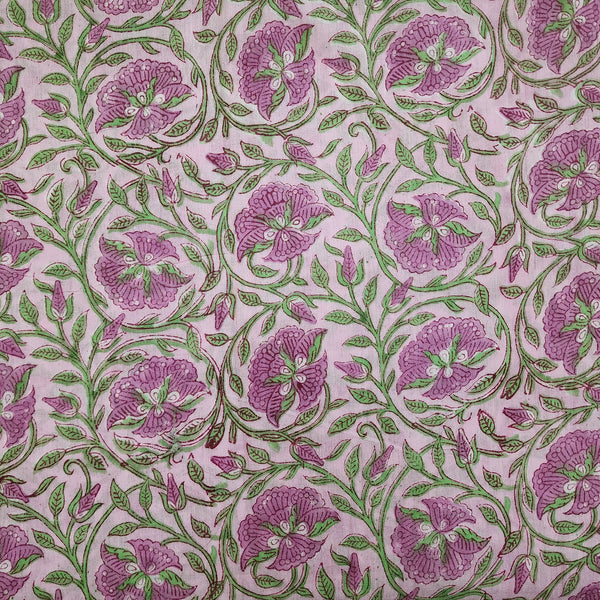 PRE-CUT 1.80 METER Pure Cotton Pink With Purple Flower Jaal Jaipuri Hand Block Print Fabric