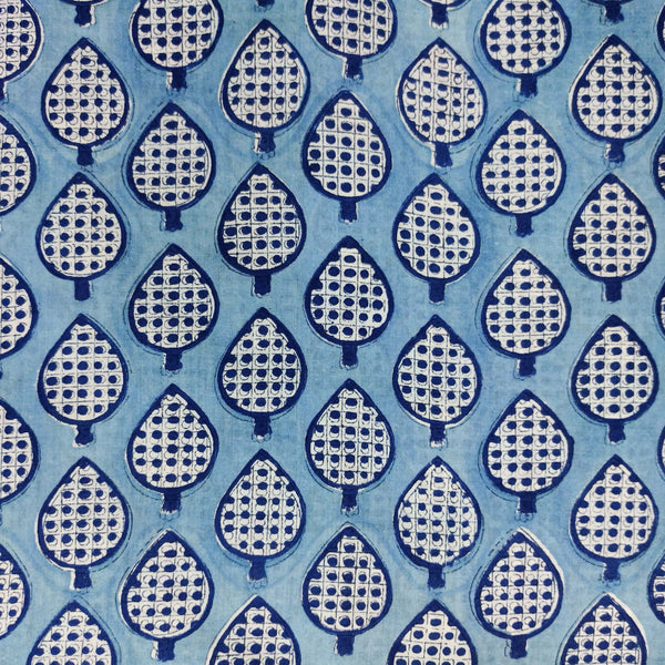 PRE-CUT 1.80 METERS Pure Cotton Jaipuri Blue With Leaf Motif Hand Block Print Fabric
