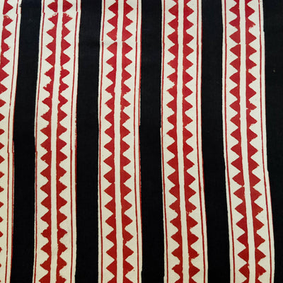 PRE-CUT 1.90 METER Pure Cotton Bagru Black With Rust And Cream Triangle Border Hand Block Print Fabric