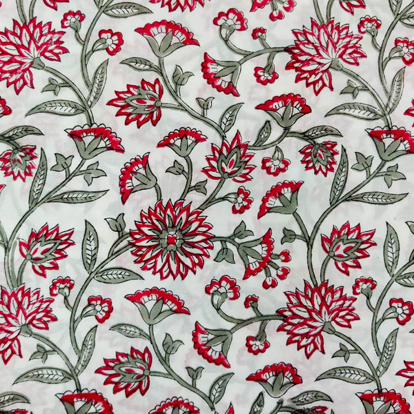 PRE-CUT 1.90 METER Pure Cotton Jaipuri White With Red Flower Jaal Hand Block Print Fabric
