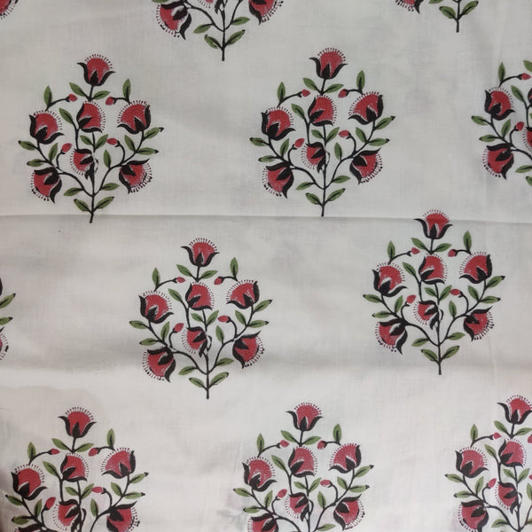 PRE-CUT 1.90 METER Pure Cotton Jaipuri White With Summer Bloom Mughal Motif Hand Block Print Fabric