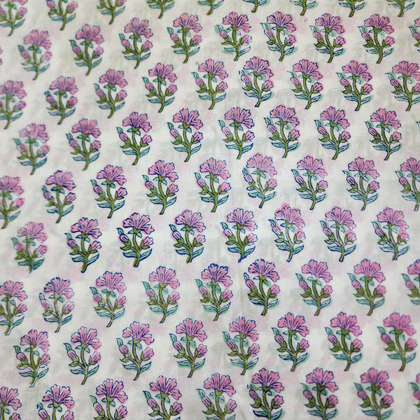 PRE-CUT 1.90 METER Pure Cotton White With Pink Lilac Flowers Motif Jaipuri Hand Block Print Fabric