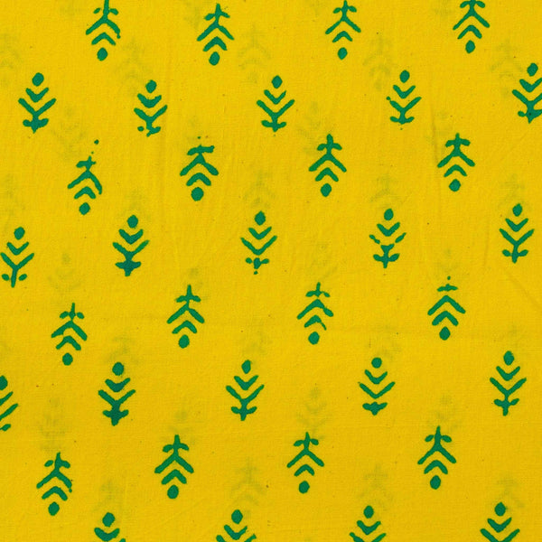 PRE-CUT 1.90 METER Pure Cotton Yellow Gamthi With Green Tiny Motifs Hand Block Print Fabric