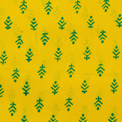 PRE-CUT 1.90 METER Pure Cotton Yellow Gamthi With Green Tiny Motifs Hand Block Print Fabric