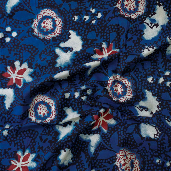 PRE-CUT 1 METER Modal Cotton Indigo Dabu With Red Cream Wild Floral Jaal Hand Block Print Fabric