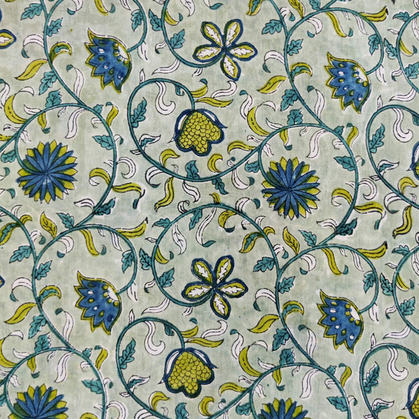 PRE-CUT 1 METER Mul Pure Cotton Jaipuri Sea Green With Blue And Green Flower Jaal Hand Block Print Fabric