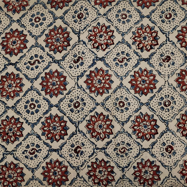 PRE-CUT 1 METER Pure Cotton Ajrak Cream With Diagonal Mesh Flowers Motifs Hand Block Print Fabric