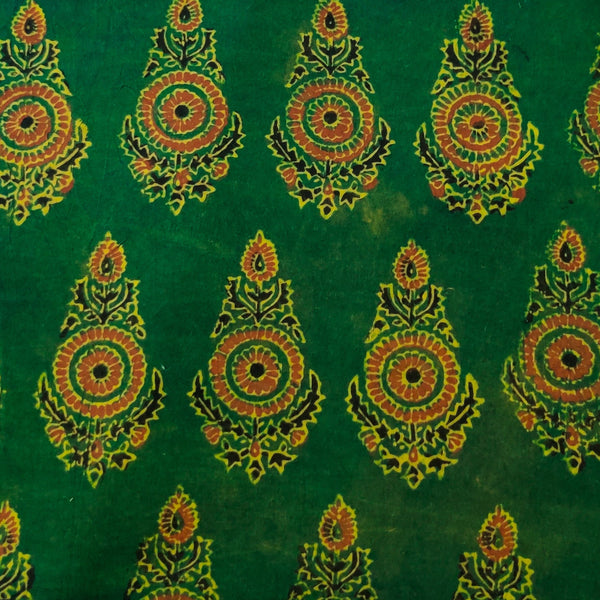 PRE-CUT 1 METER Pure Cotton Ajrak Green With Rust Tribal Long Motif Hand Bock Print Fabric