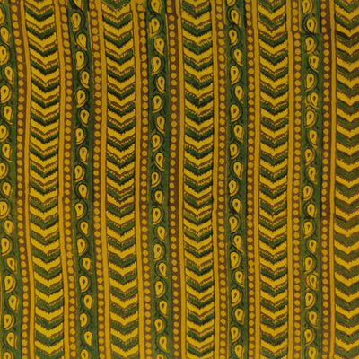 PRE-CUT 1 METER Pure Cotton Ajrak Haldi With Green Tribal Stripes Hand Block Print Fabric