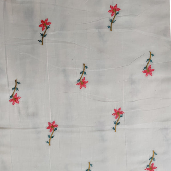 PRE-CUT 1 METER Pure Cotton Cream With Peach Single Flower Embroiedered Fabric