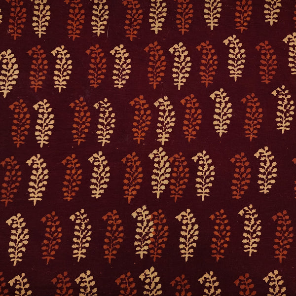 PRE-CUT 1 METER Pure Cotton Gamthi Maroon With Orange And Cream Small Ferns Hand Block Print Fabric