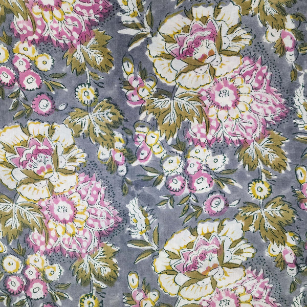 PRE-CUT 1 METER Pure Cotton Jaipuri Grey Big Wild Flowers Jaal Hand Block Print Fabric