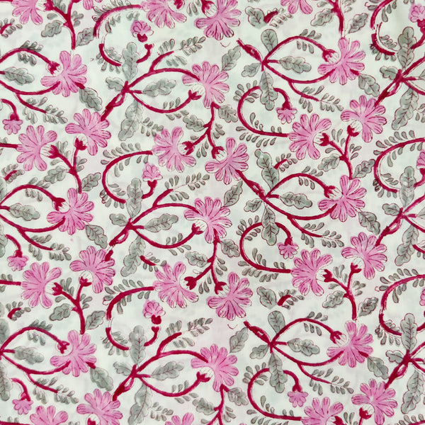 PRE-CUT 1 METER Pure Cotton Jaipuri Pink Flower Jaal With White Hand Block Print Fabric