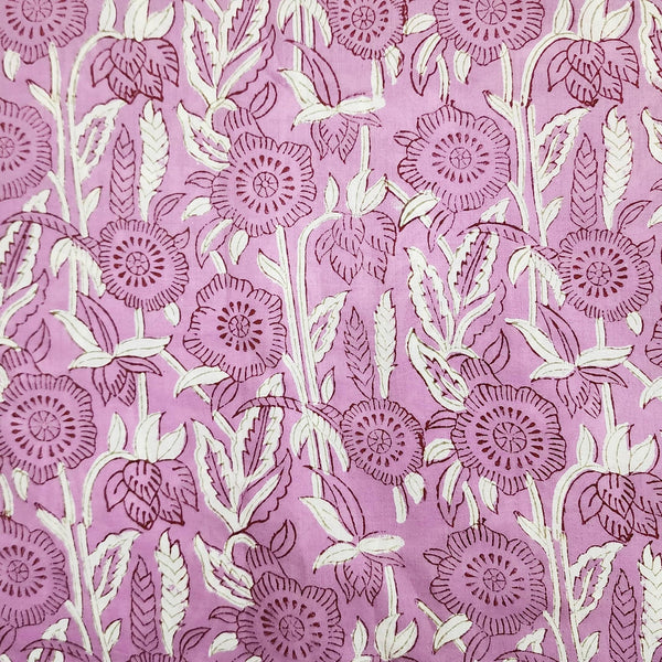 PRE-CUT 1 METER Pure Cotton Jaipuri White With Purple Rose Flower Creeper Hand Block Print Fabric