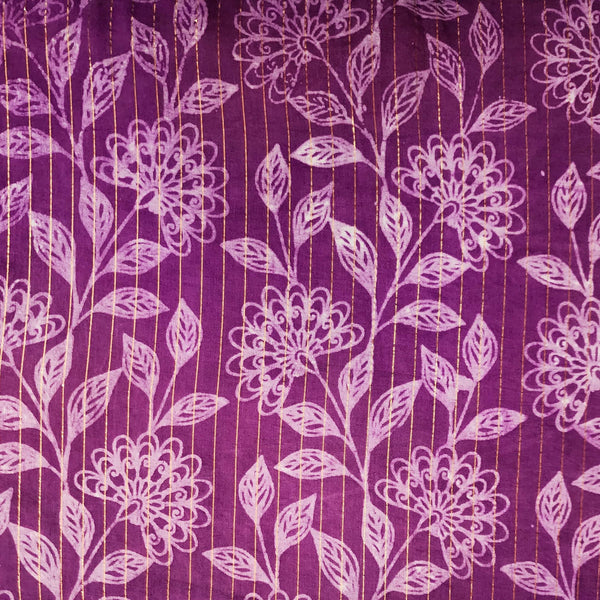 PRE-CUT 1 METER Pure Cotton Kaatha Dabu Lurex Purple With Cream Wild Flower Creeper Hand Block Print Fabric