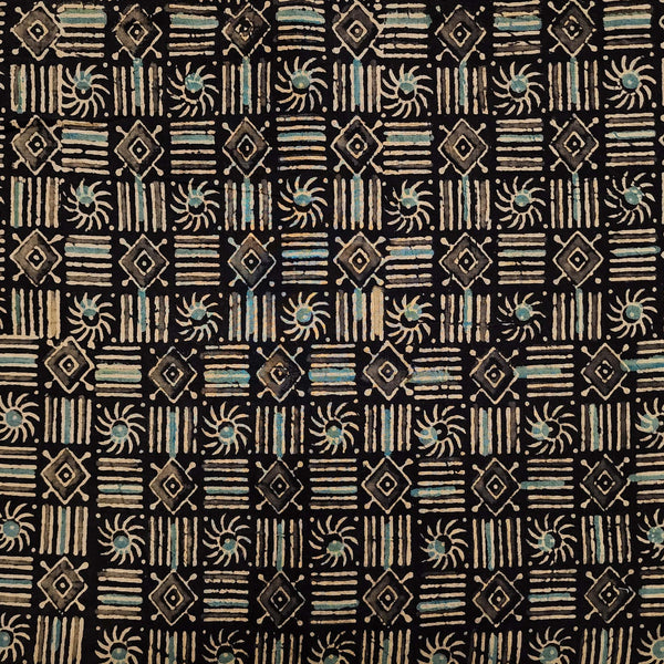 ( PRE-CUT 1 METER ) Pure Cotton Ajrak Black Brown With SLines Surya Diamond Motifs Hand Block Print Fabric
