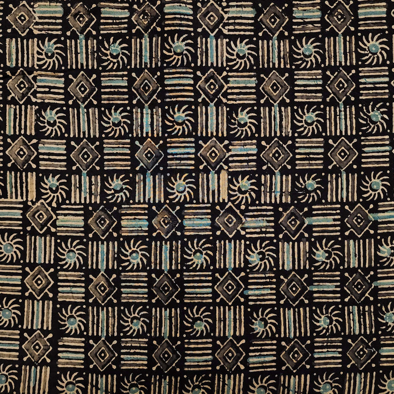 PRE-CUT 2 METER Pure Cotton Ajrak Black Brown With SLines Surya Diamond Motifs Hand Block Print Fabric