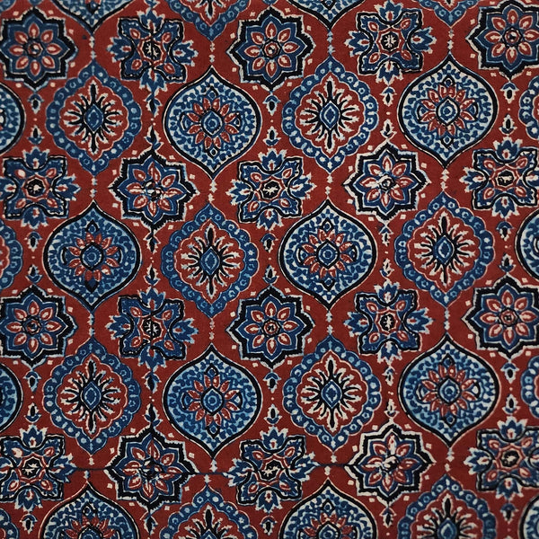 PRE-CUT 2.15 METER Pure Cotton Double Ajrak Brick Rust With Blue All Over Pattern Hand Block Print Fabric