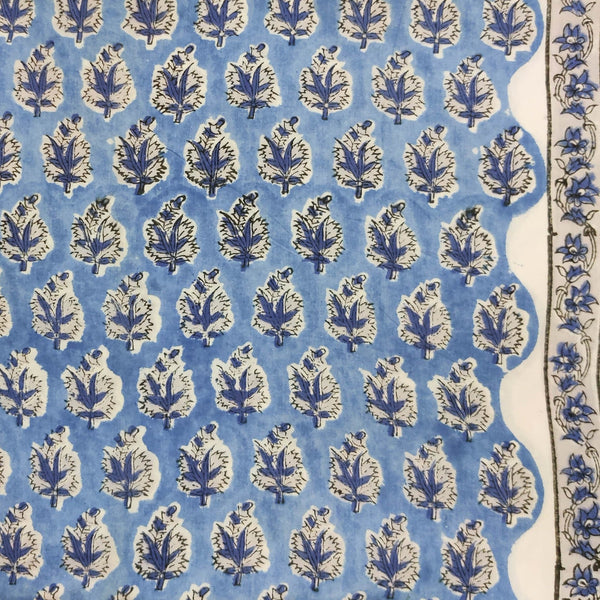 PRE-CUT 2.20 METER Pure Cotton Jaipuri Blue With Dark Blue Cannabis Leafs Motif Hand Block Print Fabric