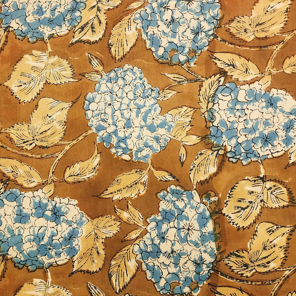 PRE-CUT 2.25 METER Pure Cotton Jaipuri Brown With Blue Wild Flower Hand Block Print Fabric